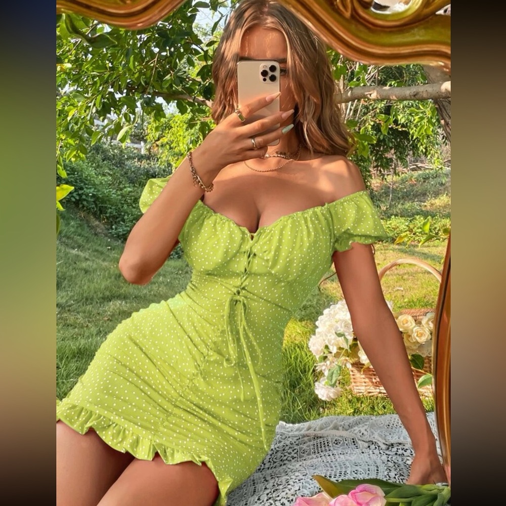 Lime Green/ White Polka Dot Off the Shoulder Dress